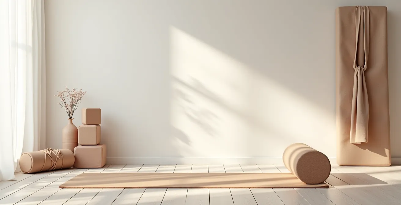 Accesorios de yoga como bloques, correas y bolsters dispuestos en un espacio de práctica sereno y minimalista, invitando a una sesión adaptada.