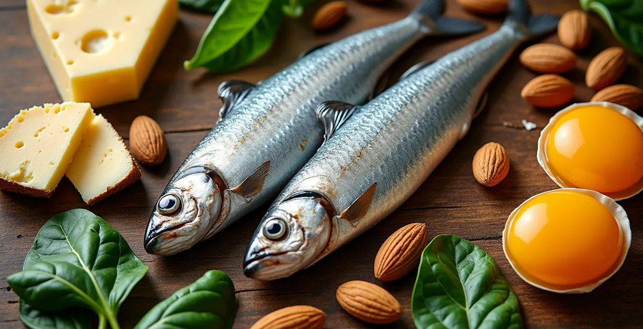 Detalle macro de alimentos ricos en calcio y vitamina D sobre mesa de madera