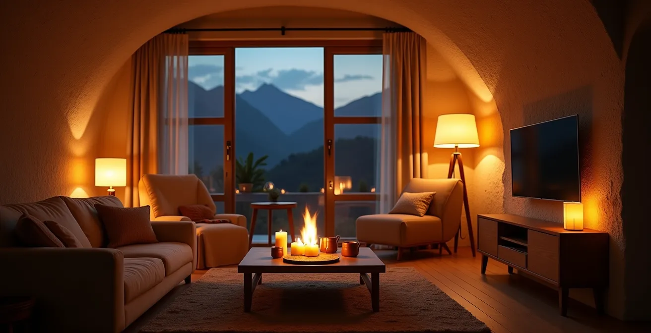 Espacio doméstico con iluminación cálida óptima para la producción de melatonina