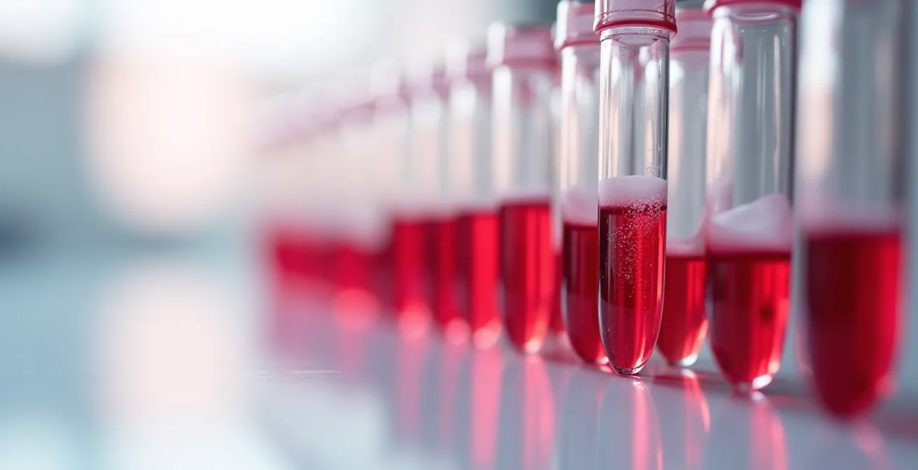 Tubos de ensayo con muestras de sangre en gradiente de colores sobre superficie blanca minimalista, iluminación de laboratorio profesional