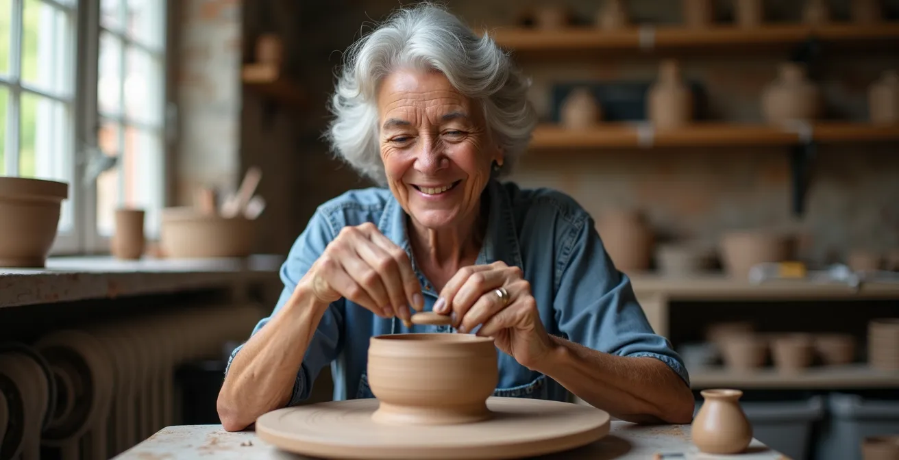 Persona de mediana edad aprendiendo a hacer alfarería con concentración, simbolizando la neuroplasticidad y el rejuvenecimiento cerebral.