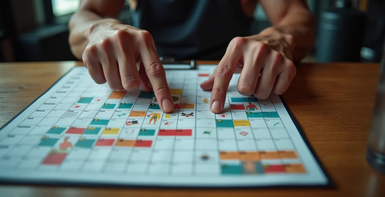 Atleta revisando un calendario de entrenamiento con división muscular en una mesa de gimnasio