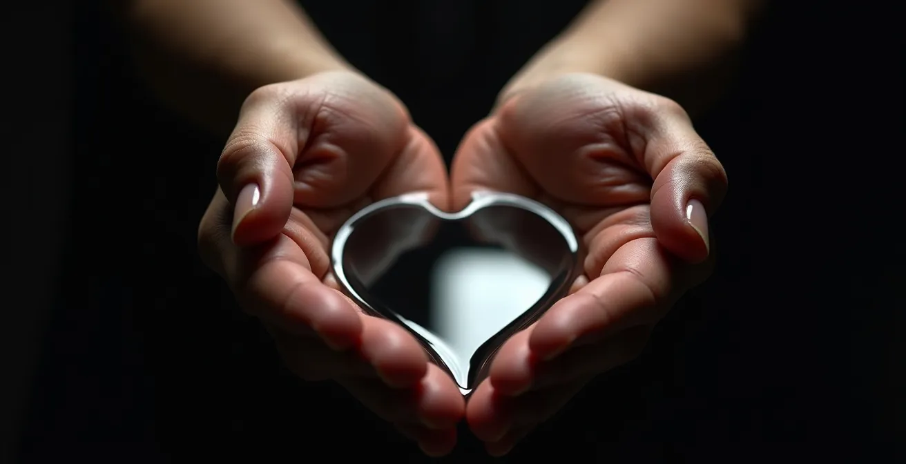 Manos formando corazón reflejadas en superficie de agua tranquila