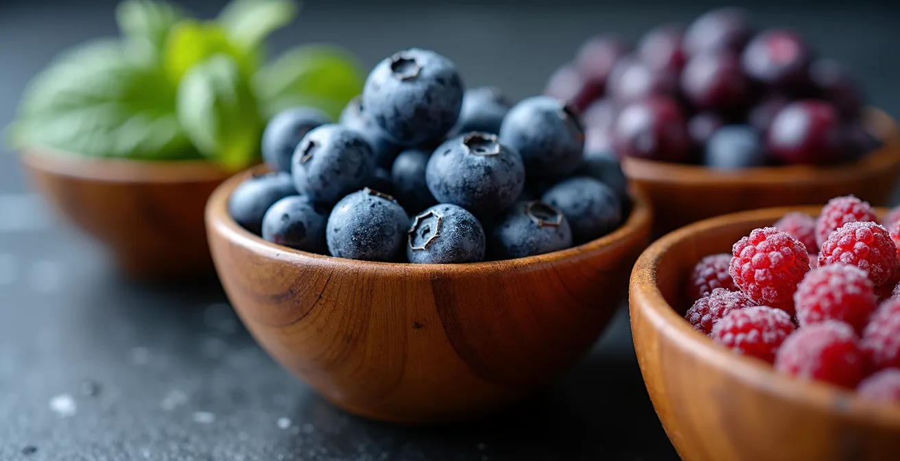 Comparación visual de bayas frescas, congeladas y liofilizadas en cuencos de madera