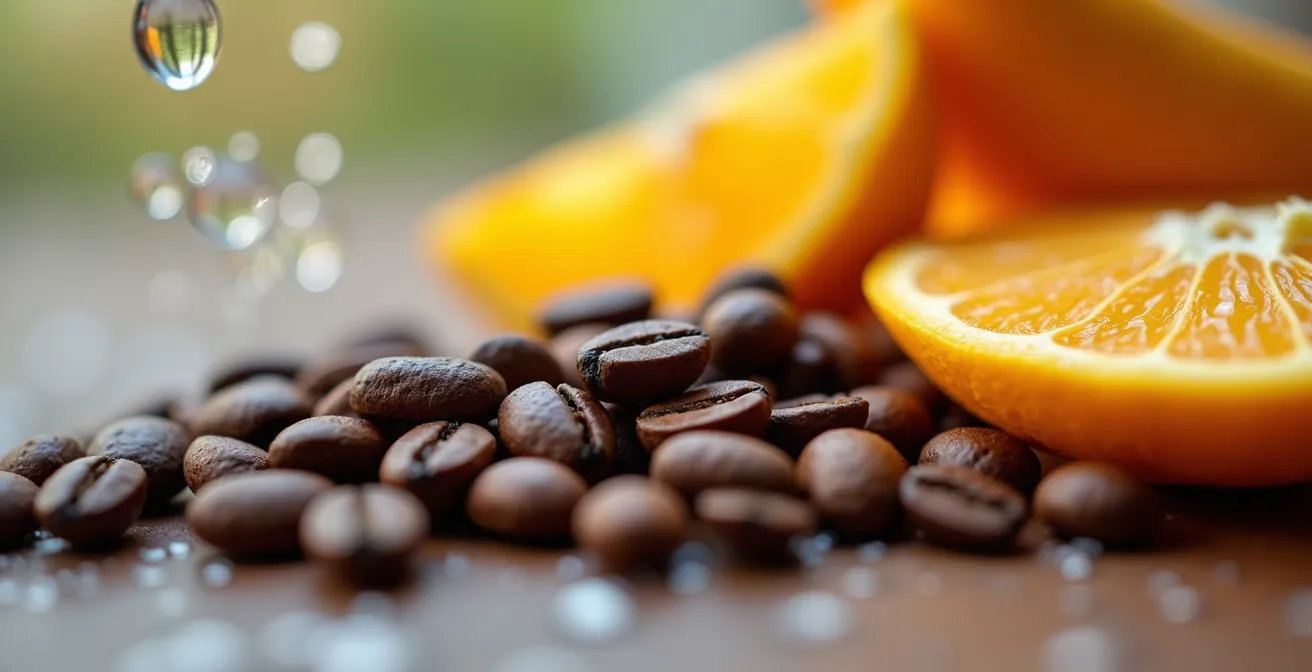 Visualización de la técnica de apilamiento secuencial de hábitos saludables con texturas de agua, café y fruta.