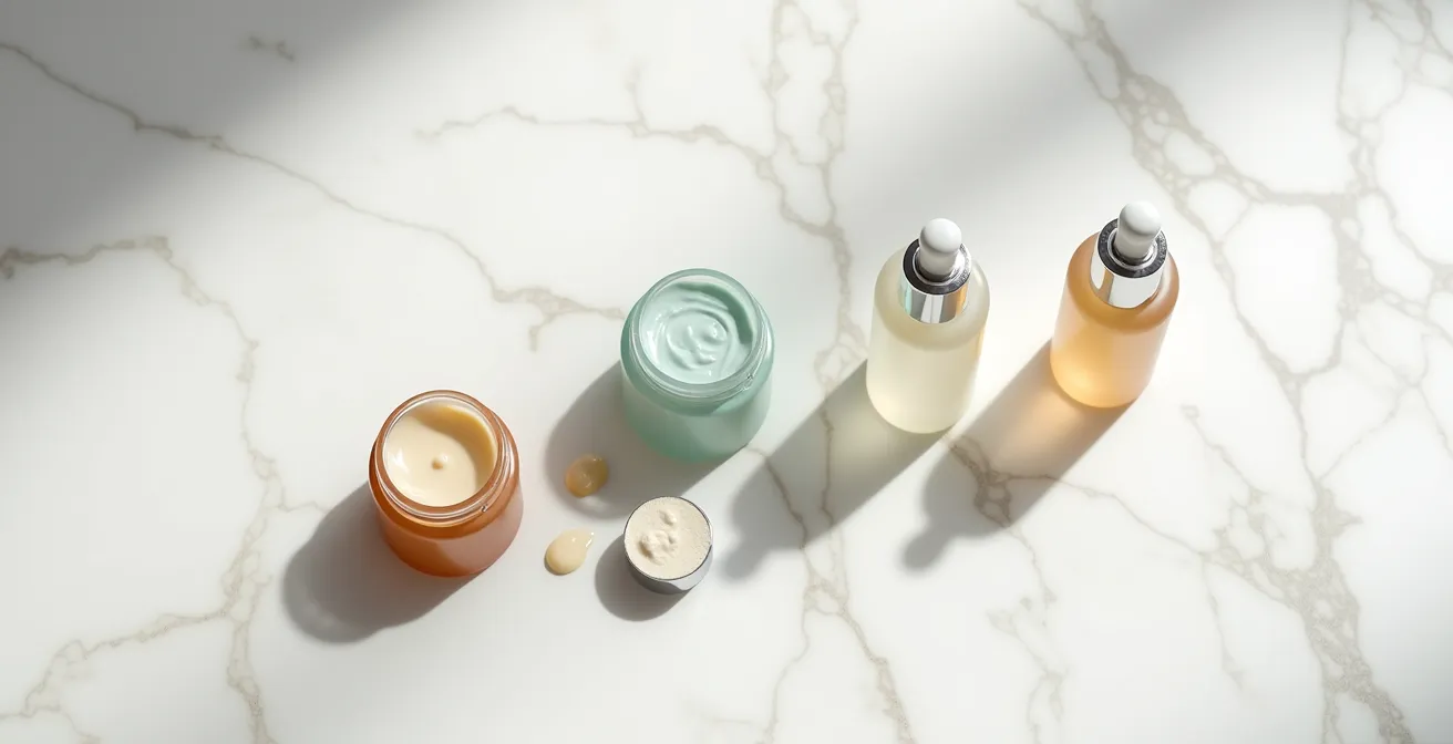 Productos de cuidado facial organizados en gradiente de texturas
