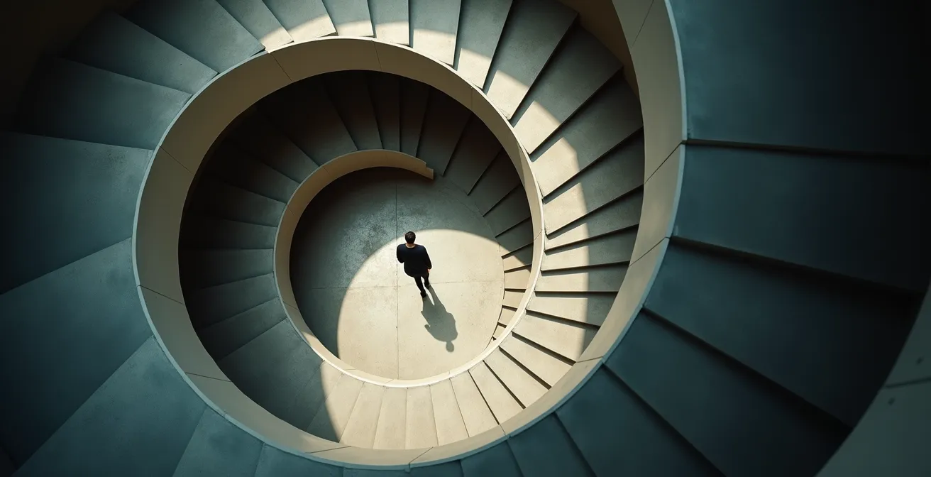 Representación visual abstracta del ciclo de recaída en hábitos saludables, mostrando una escalera en espiral con luces y sombras.