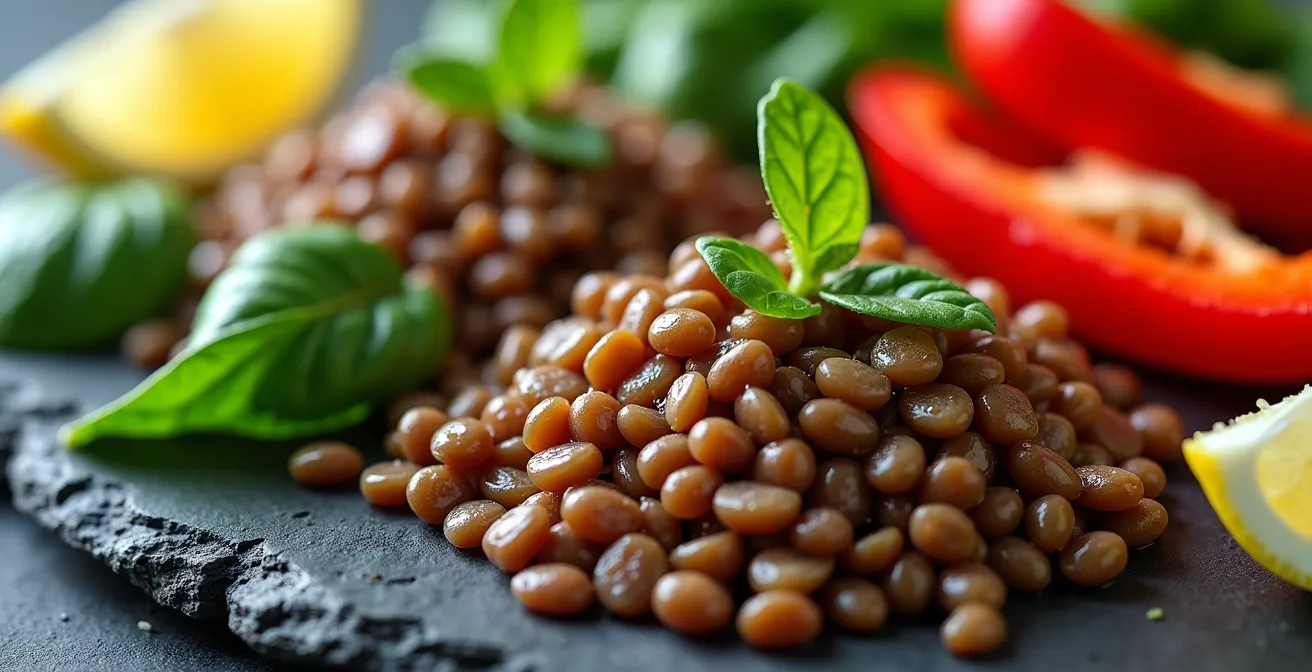 Plato con lentejas, espinacas, pimientos rojos y limón mostrando sinergia nutricional