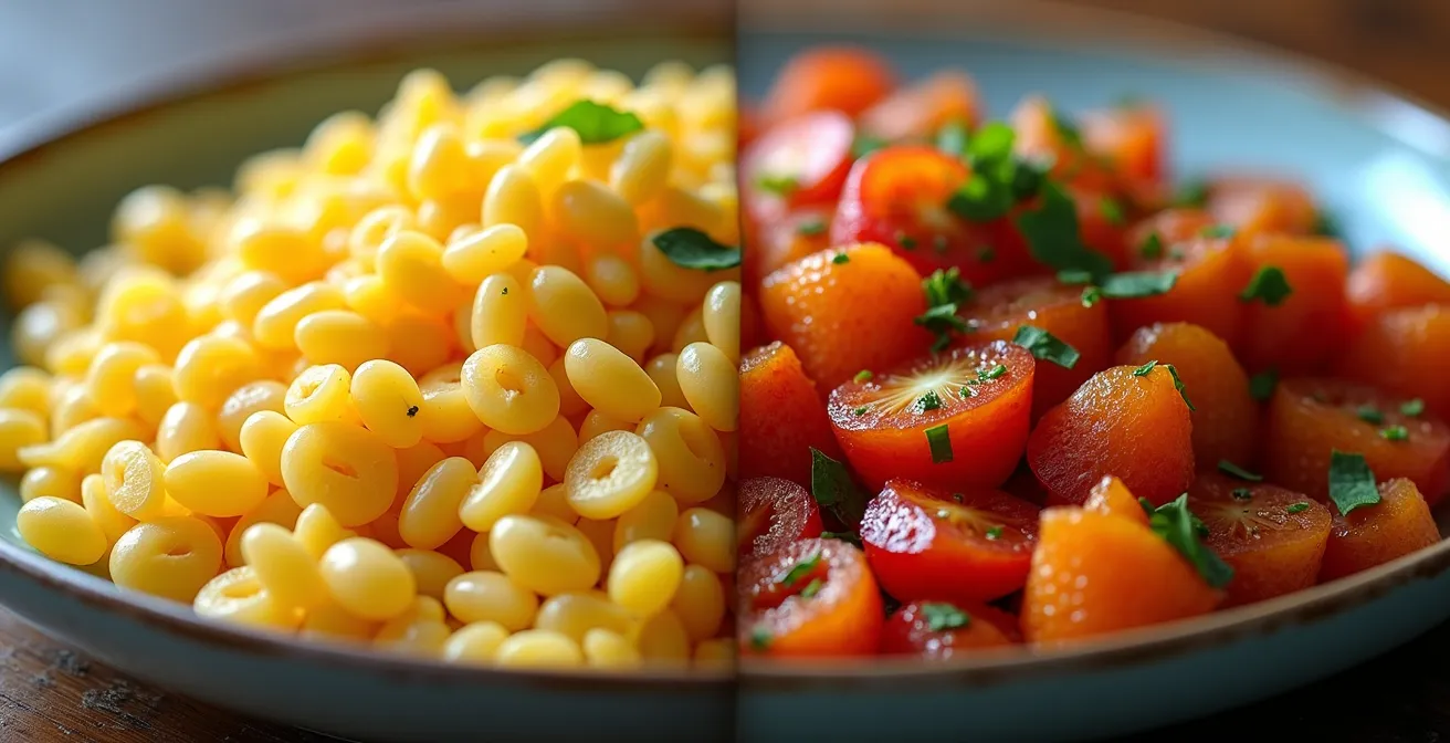 Comparación visual de dos platos con diferentes densidades nutricionales: uno escaso y procesado, el otro abundante y natural.