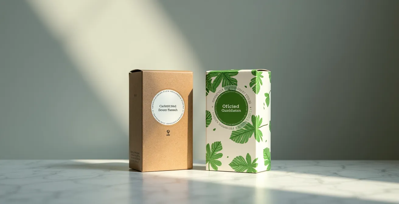 Comparación lado a lado de productos con sello orgánico oficial y empaque con marketing verde engañoso