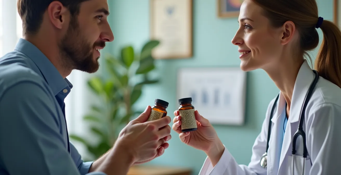 Paciente y médico en consulta dialogando sobre suplementos naturales en ambiente de confianza profesional