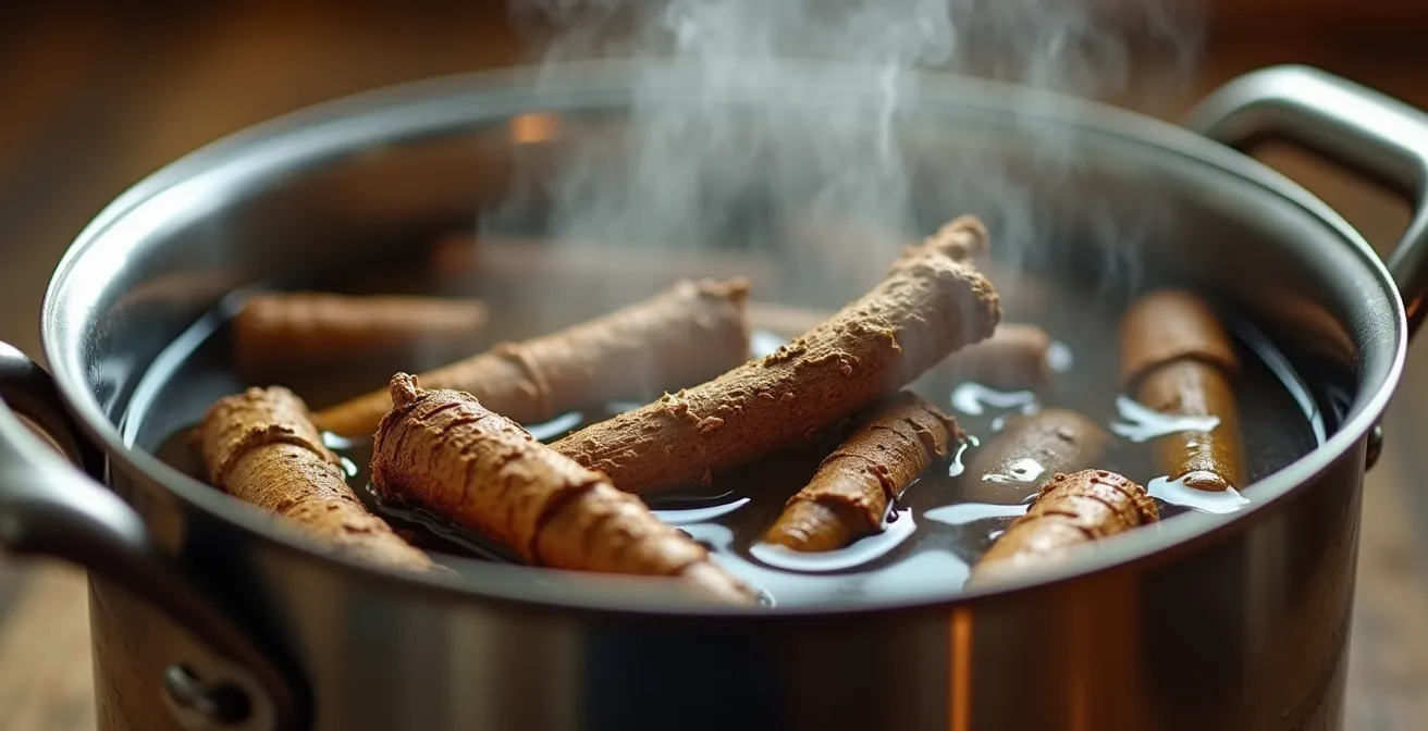 Proceso de decocción de raíces medicinales en olla de acero