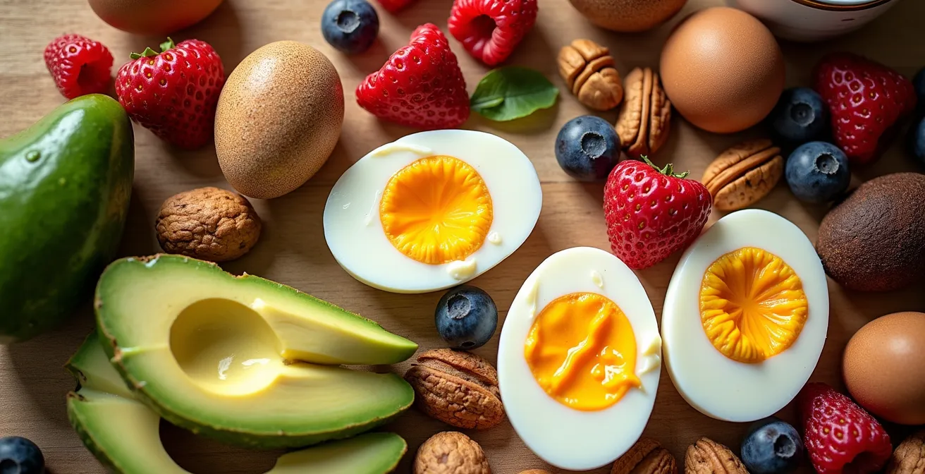 Mesa de desayuno saludable con huevos, aguacate y frutos secos dispuestos de forma armoniosa bajo luz natural matutina