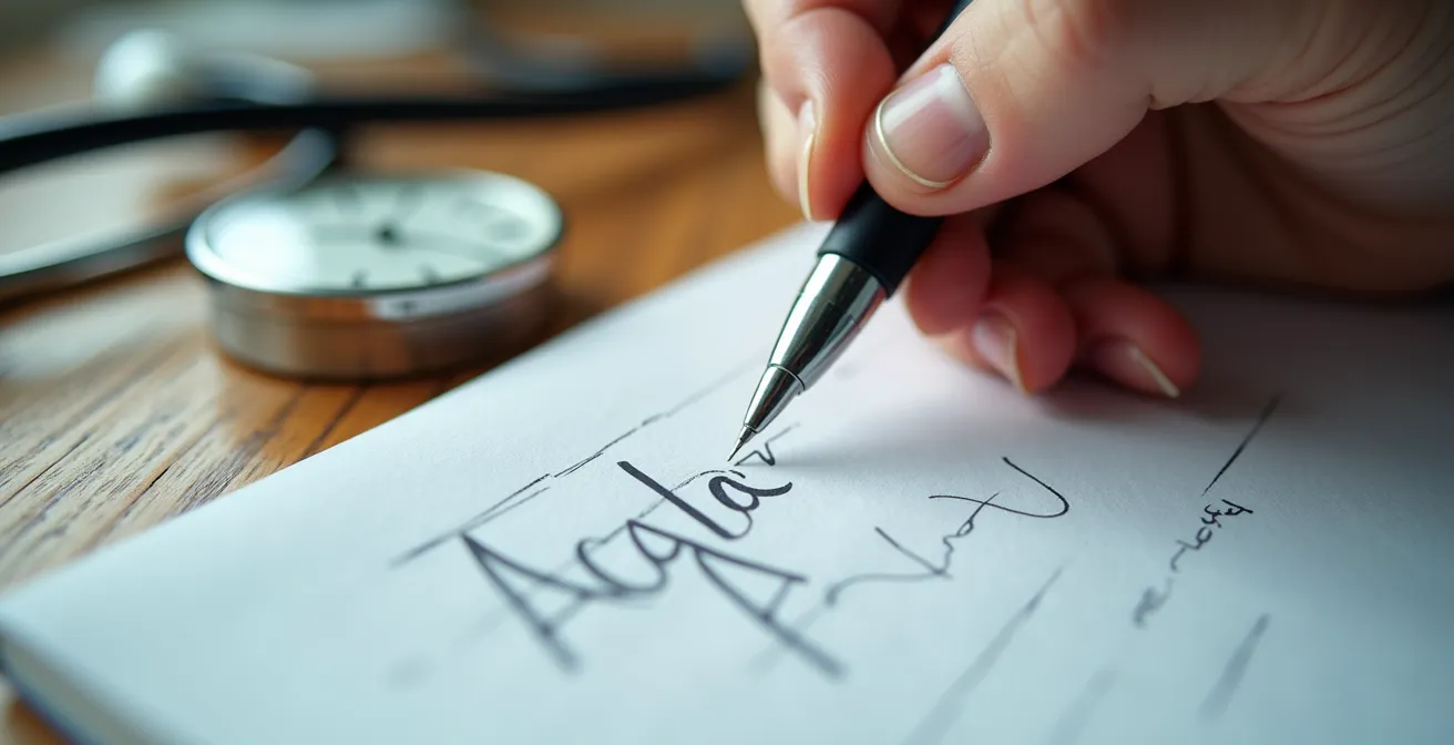 Mano escribiendo en diario de salud con reloj mostrando hora y estetoscopio al lado
