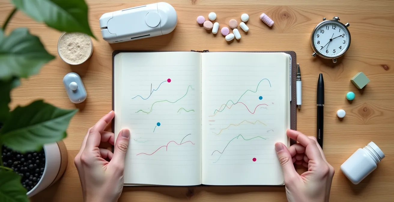 Vista cenital de una mesa con un cuaderno abierto mostrando patrones de datos abstractos, bolígrafo, reloj y elementos de monitoreo de salud sin texto visible.