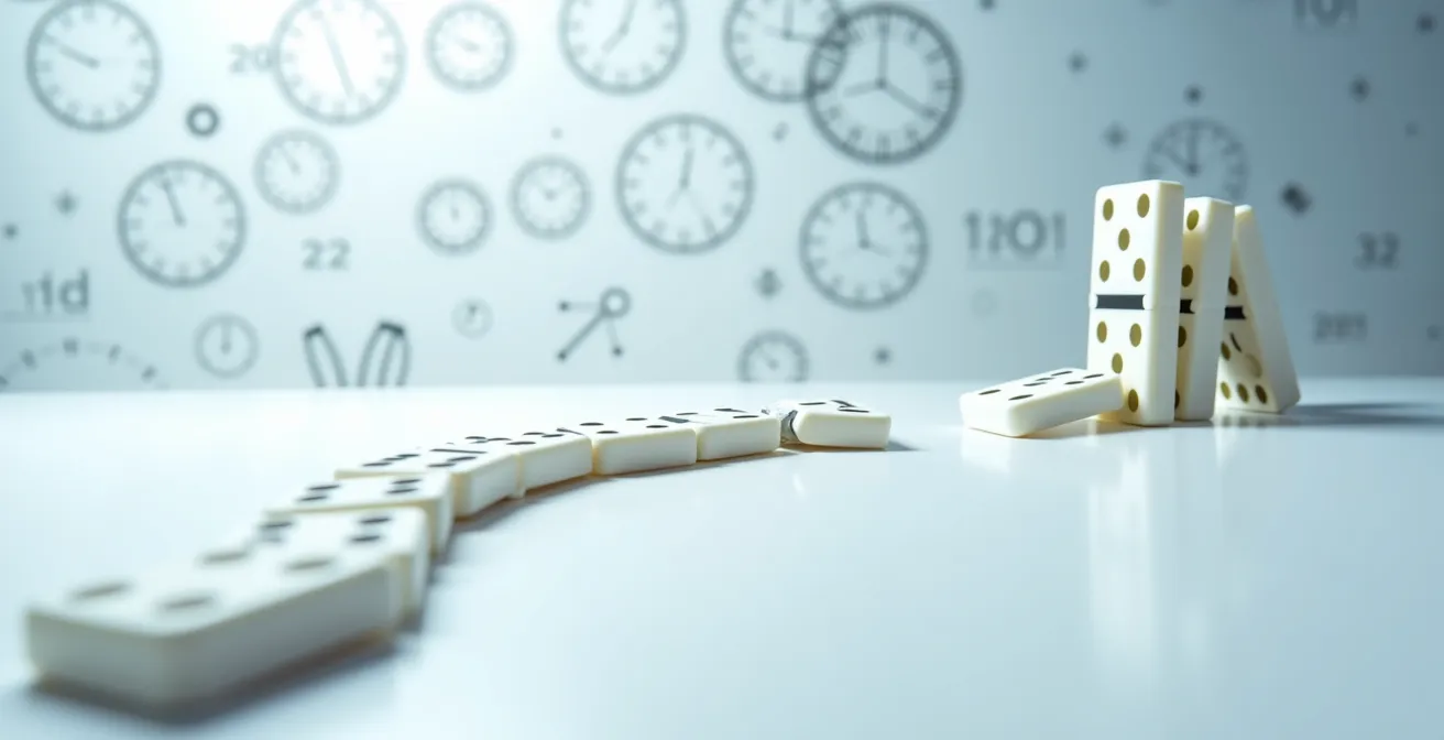 Representación visual del efecto cascada en el seguimiento médico interrumpido, mostrando una línea de dominós con una pieza faltante que provoca el caos.