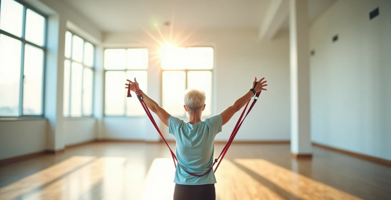 Persona mayor realizando ejercicio suave con banda elástica en entorno controlado