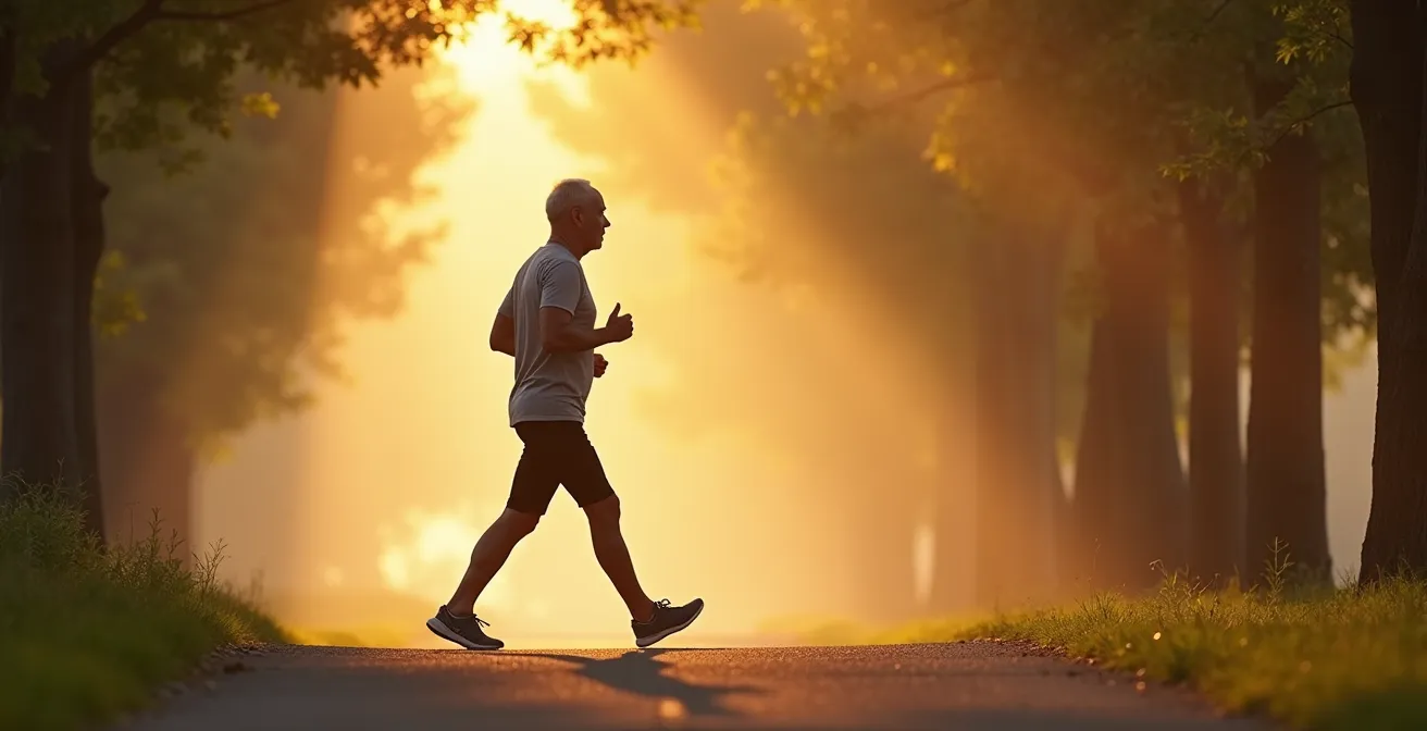 Adulto mayor realizando ejercicio cardiovascular moderado en parque al aire libre