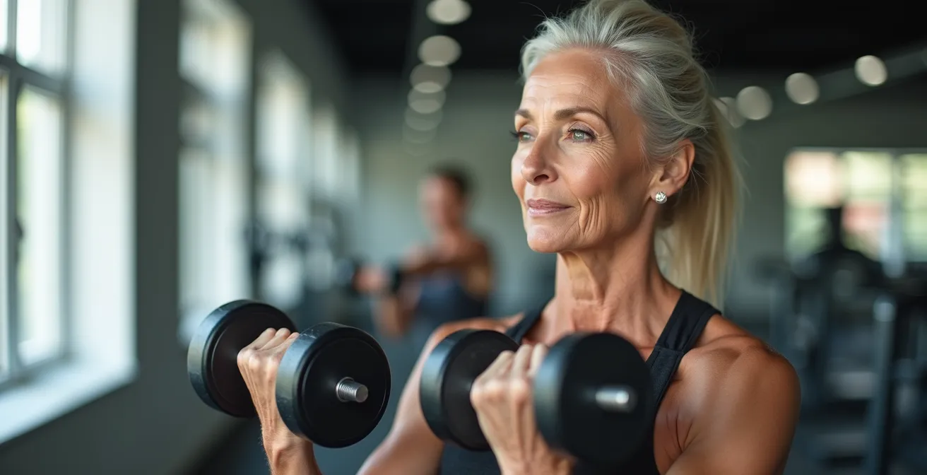 Persona mayor de 40 años realizando entrenamiento de fuerza con determinación
