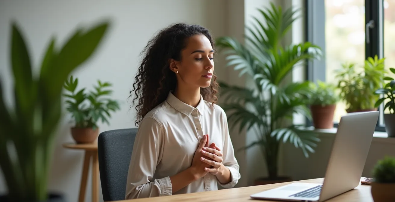 Espacio de trabajo ergonómico con elementos naturales y persona practicando respiración consciente
