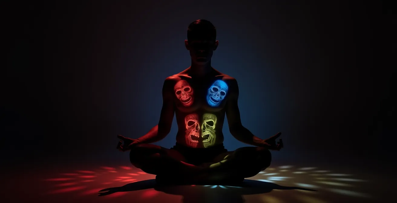 Silueta humana con zonas coloreadas representando diferentes emociones almacenadas en el cuerpo