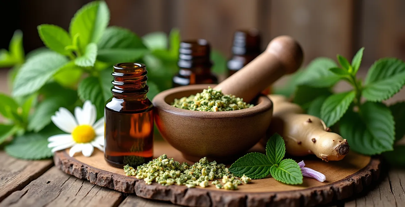 Mesa de preparación con plantas medicinales y diferentes formas de preparados naturales