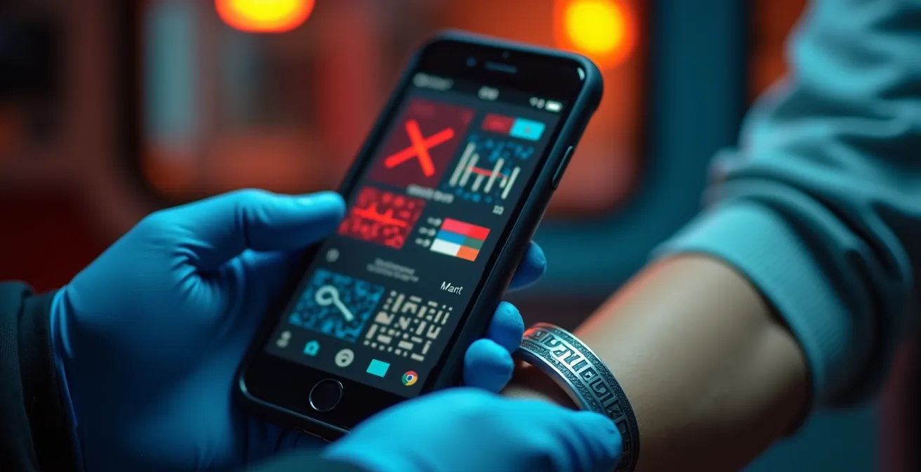 Manos de un paramédico con guantes sosteniendo un smartphone que muestra una ficha de datos médicos de emergencia.