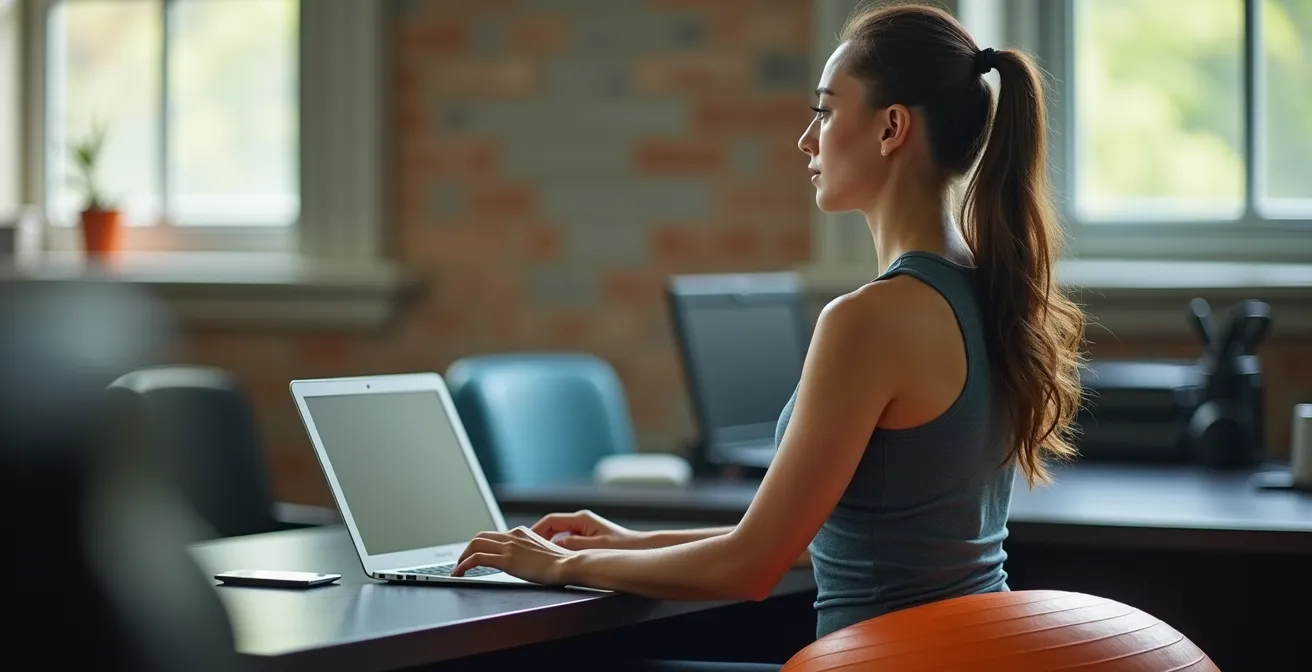 Persona sentada en fitball frente a escritorio con postura correcta, demostrando una activación del core.