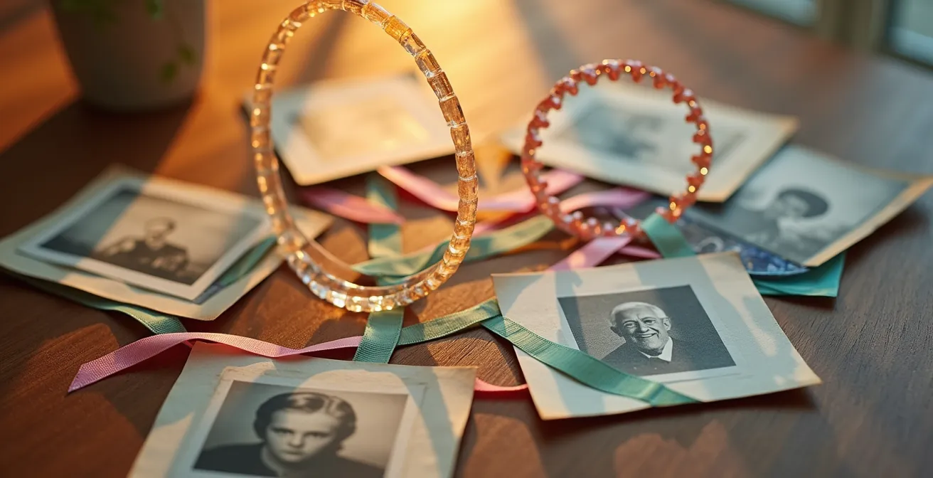 Árbol genealógico visual con símbolos médicos y patrones de herencia genética que conectan a diferentes generaciones.