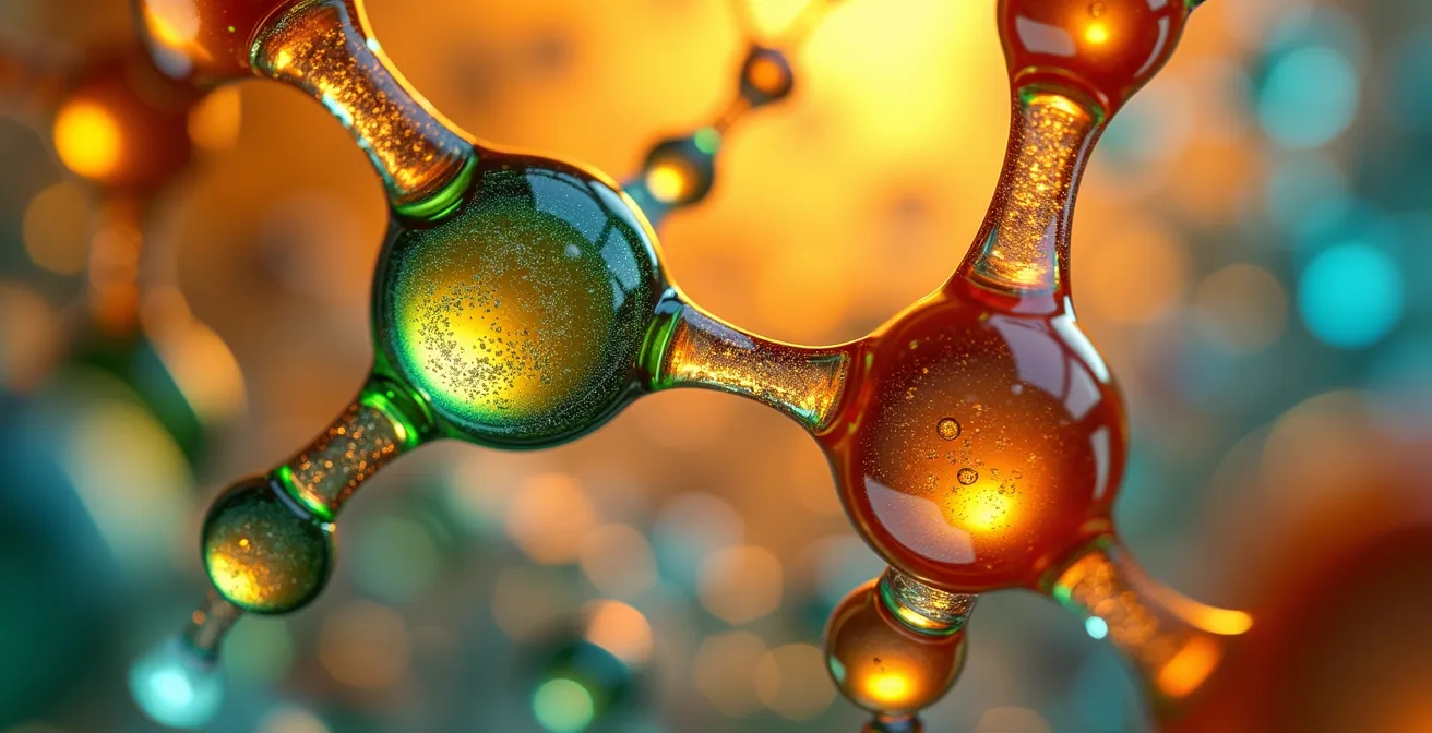 Visualización abstracta de las vías metabólicas hepáticas, mostrando cómo moléculas de medicamentos y suplementos compiten por los mismos canales.