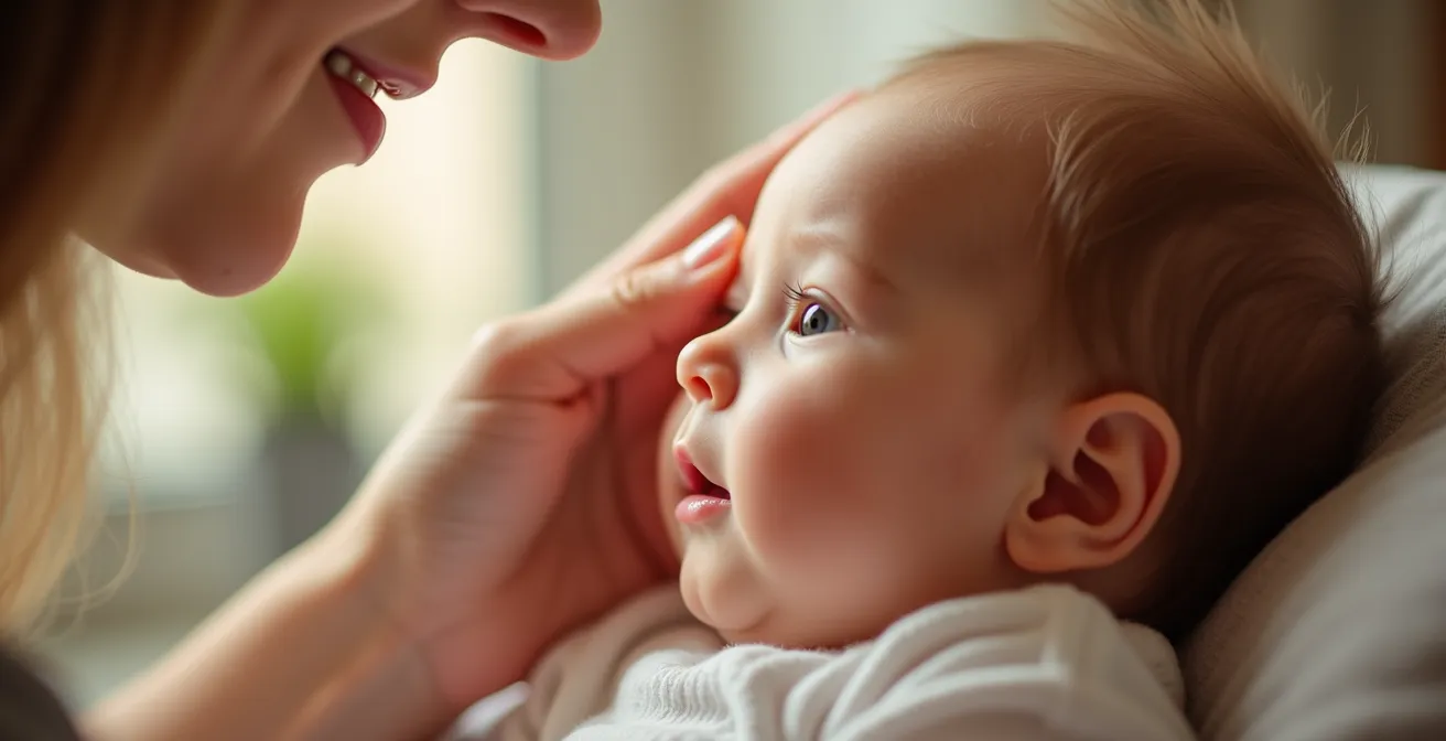 Primer plano de mano maternal tocando suavemente la frente de bebé tranquilo con expresión serena
