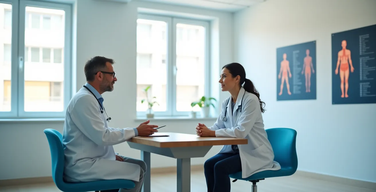 Médico escuchando atentamente a un paciente durante una consulta médica en un entorno profesional y tranquilo.