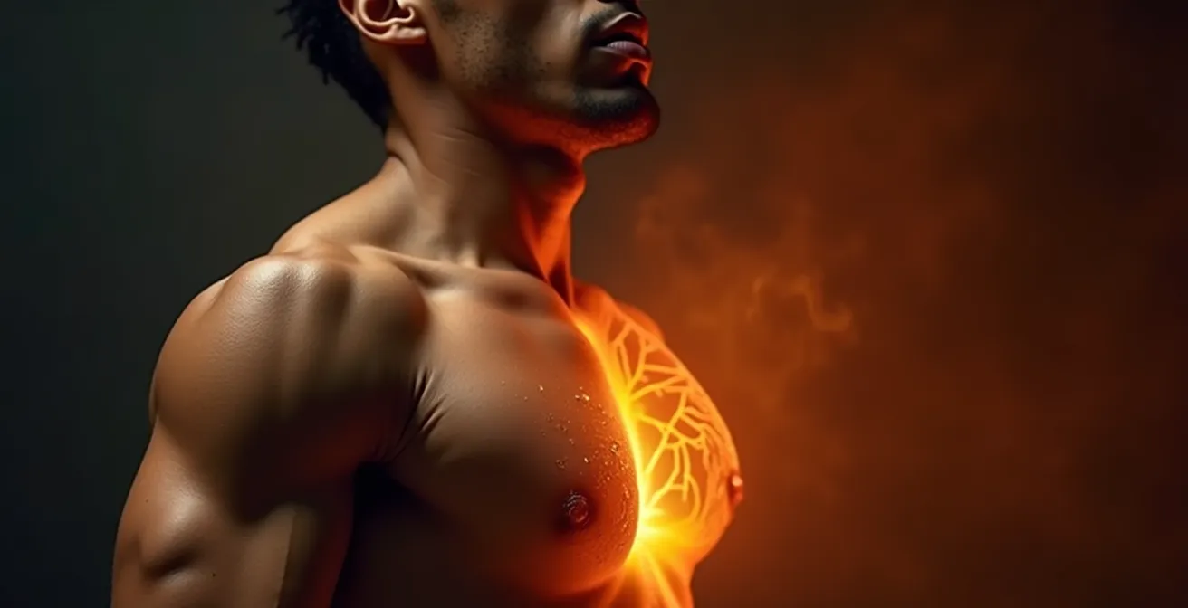 Vista abstracta de fibras musculares activas con efecto de calor y energía representado mediante gradientes de color cálido