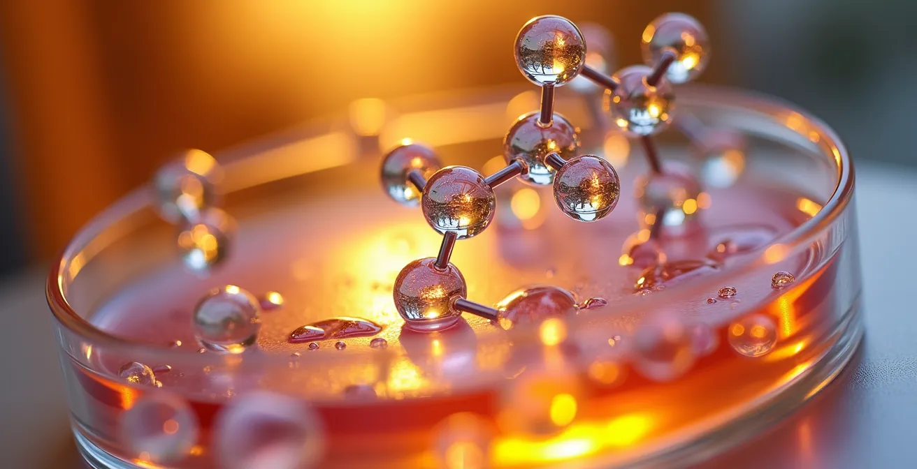 Visualización macro de moléculas de verbenona interactuando con células hepáticas