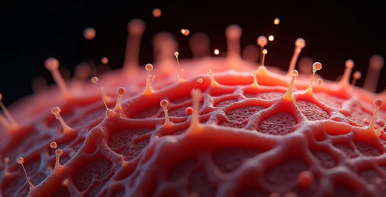 Representación visual del músculo como órgano endocrino liberando mioquinas