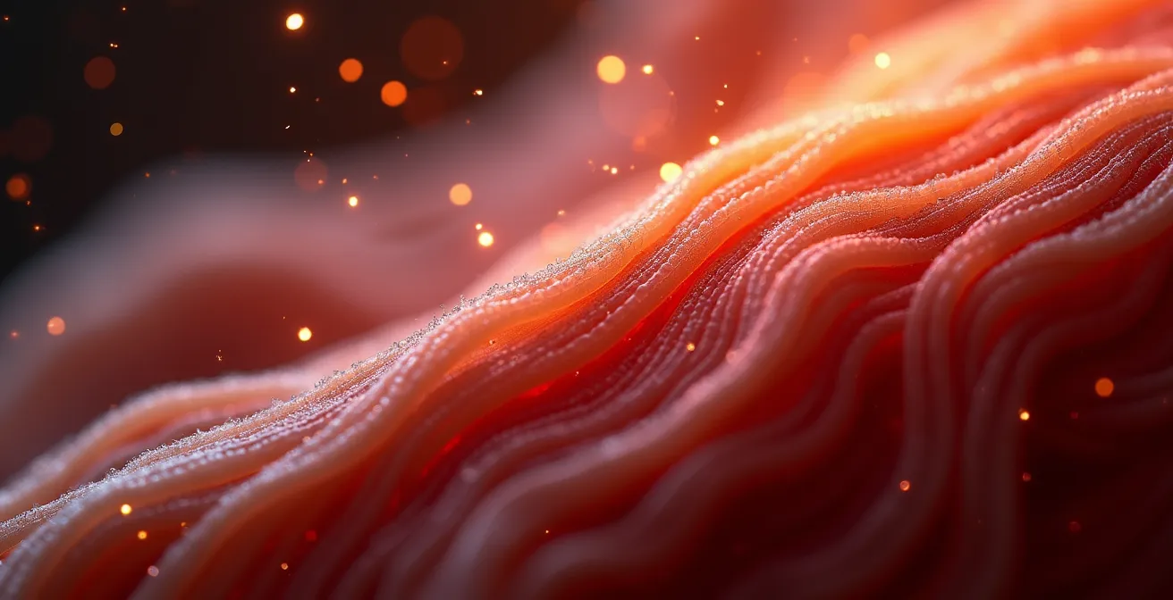 Ilustración macro del tejido muscular mostrando la liberación de mioquinas durante la contracción