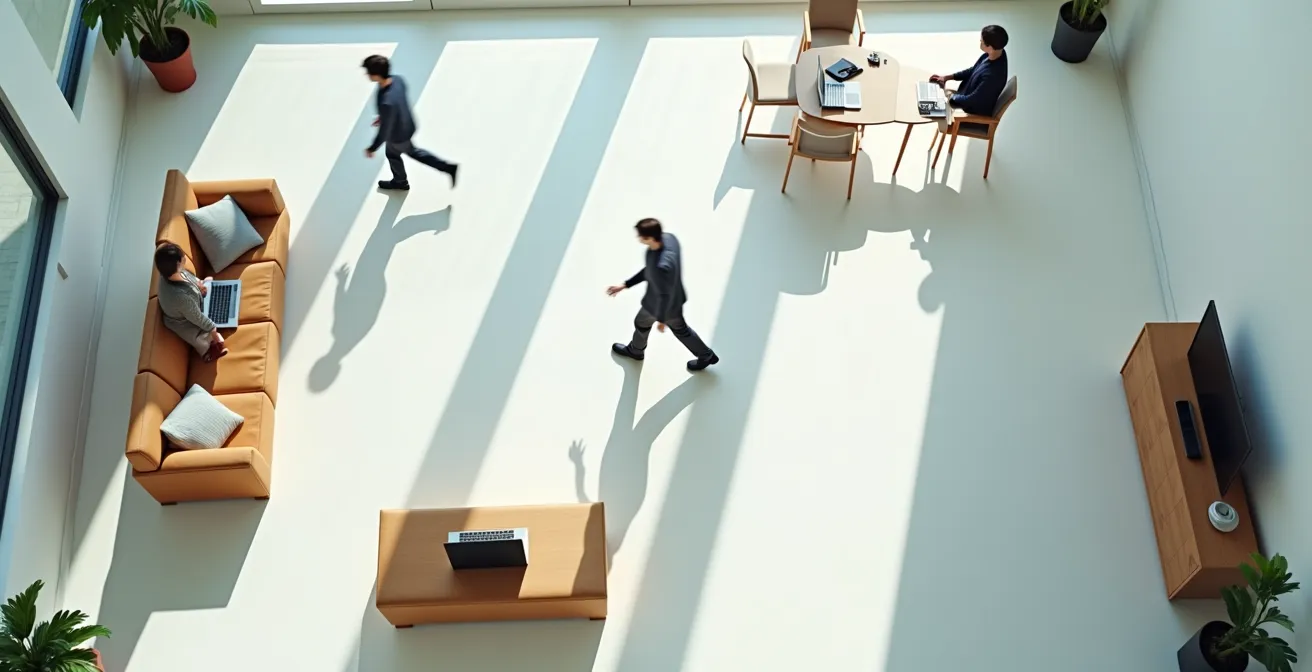 Vista aérea de una persona en su rutina diaria mostrando múltiples actividades NEAT