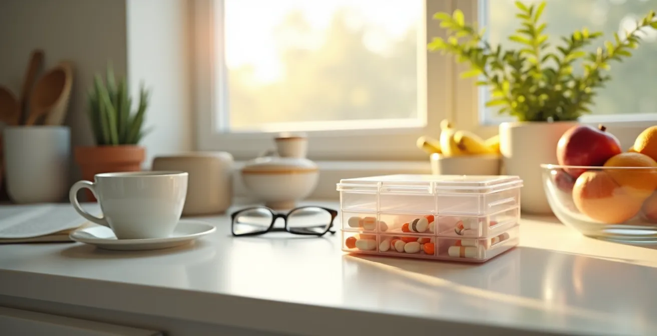 Organizador semanal de pastillas con ambiente hogareño matutino