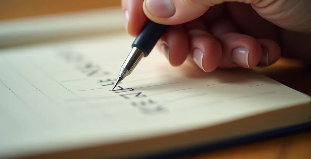 Primer plano de una persona mayor registrando datos de salud en un diario médico personal.