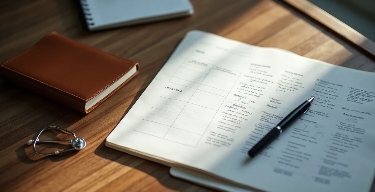 Persona organizando documentos médicos en un escritorio con una agenda y notas antes de la consulta.