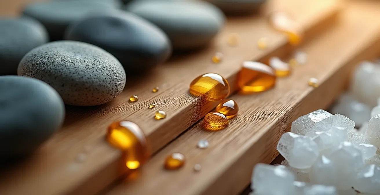 Composición macro de texturas naturales y elementos de terapia holística incluyendo piedras calientes, aceites esenciales y fibras naturales en capas visuales.