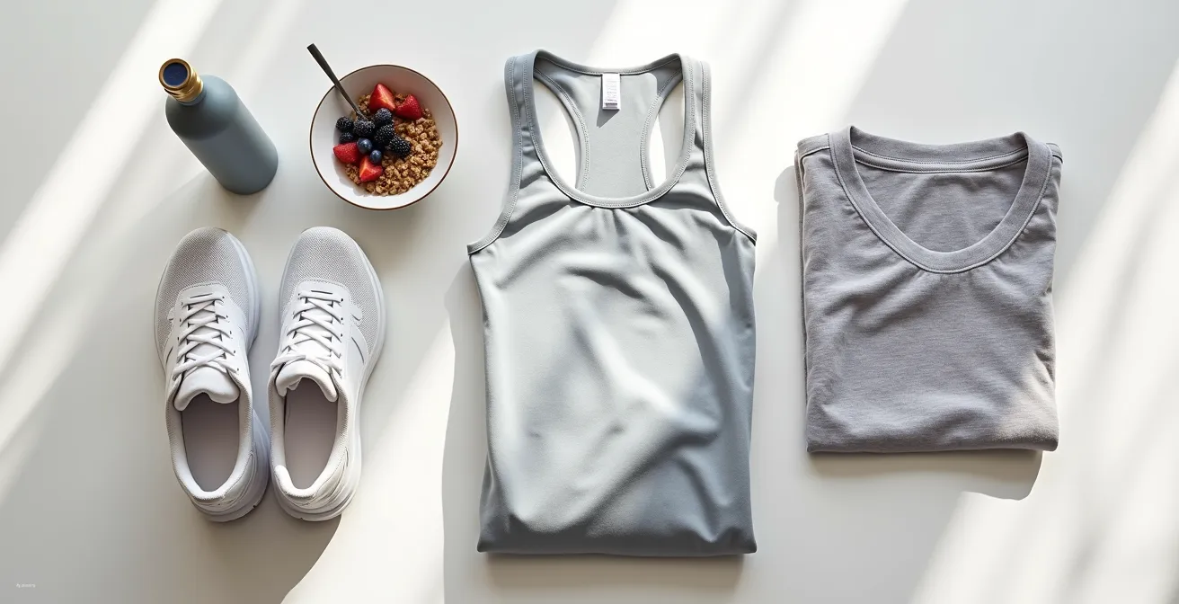 Vista cenital de elementos esenciales para prueba de esfuerzo: ropa deportiva, zapatillas, botella de agua y avena