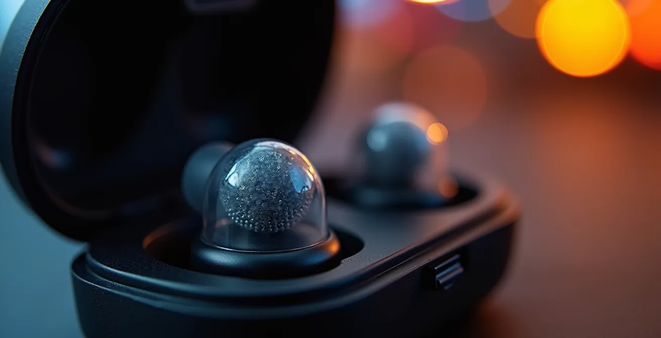 Músico profesional con protección auditiva personalizada en estudio