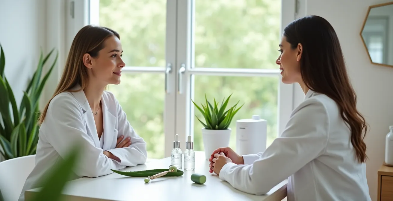 Mujer de 30 años aplicando tratamiento preventivo antiedad en consulta médica