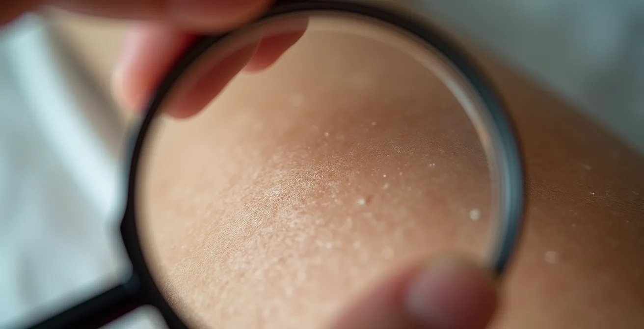 Mano con lupa examinando textura de piel bajo luz natural