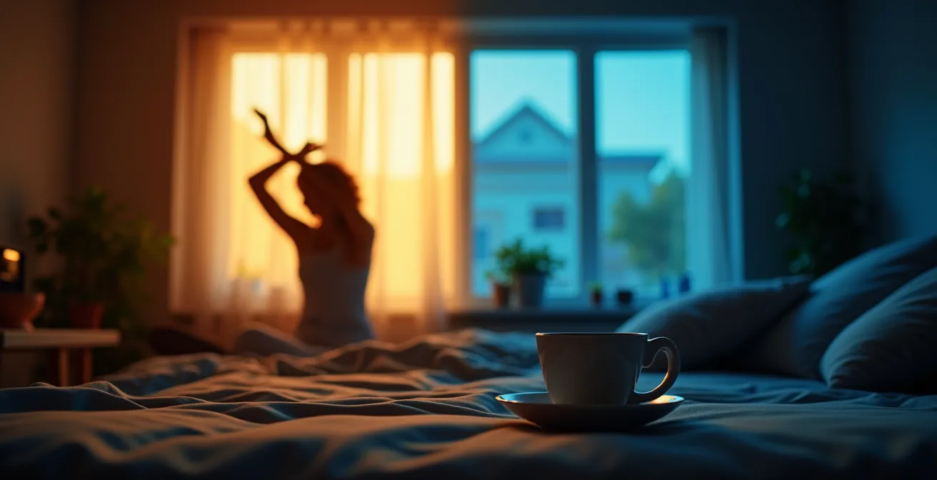 Composición visual dividida mostrando actividades diurnas y nocturnas con transición de luz natural a oscuridad