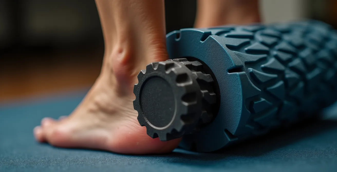 Primer plano de rodillo de espuma sobre músculo en técnica de liberación miofascial