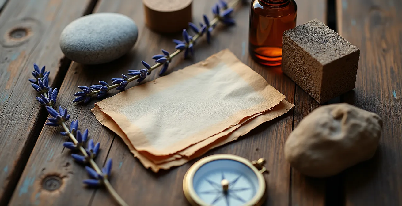 Kit de emergencia emocional dispuesto sobre superficie de madera natural