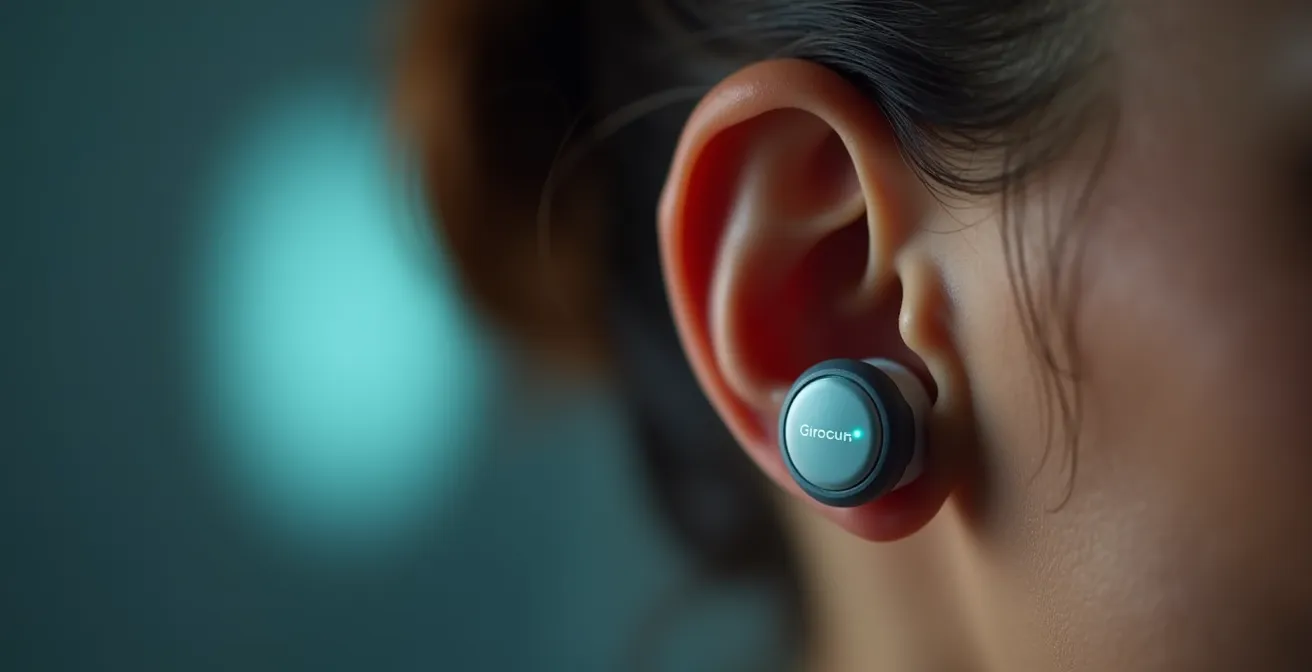 Detalle macro de sensor PPG auricular con luz suave reflejando tecnología biométrica