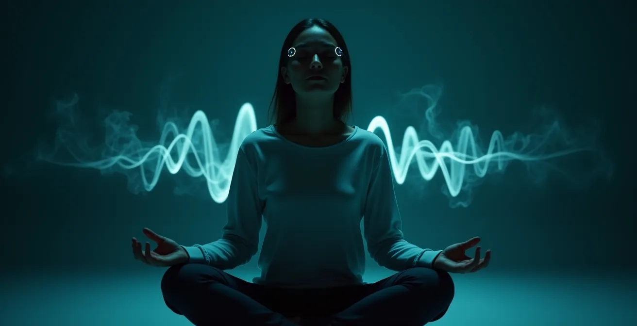 Persona en posición de meditación con sensor discreto, gráficos abstractos de ondas suaves flotando